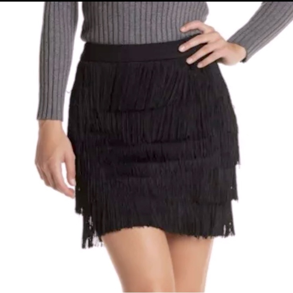 1.State Gilded Age Tiered Fringe Ponte Mini Skirt